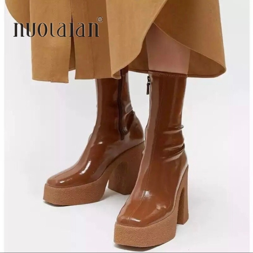 NUOLAIUAN womens boots with wide heels, fashionable comfortable patent